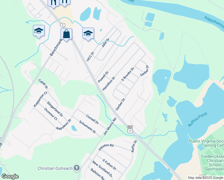 map of restaurants, bars, coffee shops, grocery stores, and more near 109 South Brooks Drive in Fredericksburg