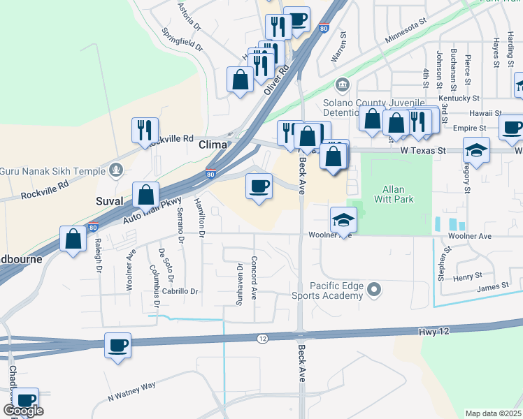 map of restaurants, bars, coffee shops, grocery stores, and more near 2059 Cadenasso Drive in Fairfield