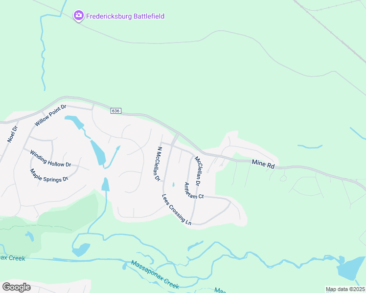 map of restaurants, bars, coffee shops, grocery stores, and more near 3407 McClellan Drive in Fredericksburg