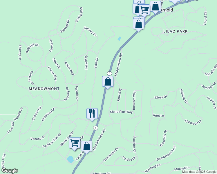 map of restaurants, bars, coffee shops, grocery stores, and more near 1771 California 4 in Arnold