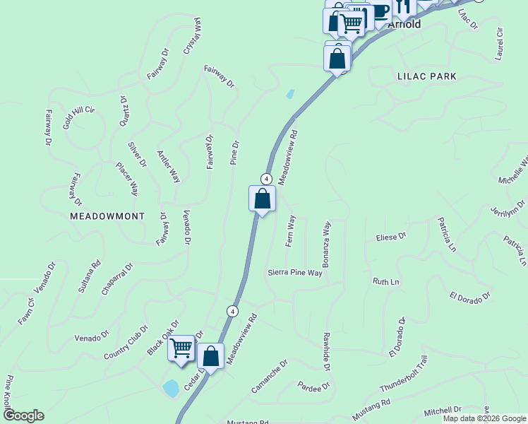 map of restaurants, bars, coffee shops, grocery stores, and more near 1771 California 4 in Arnold