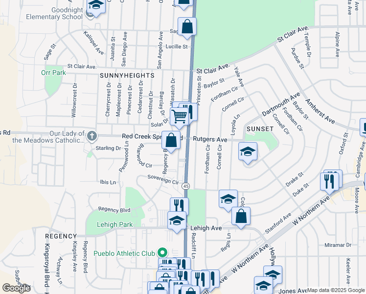 map of restaurants, bars, coffee shops, grocery stores, and more near 1104 Pueblo Boulevard Way in Pueblo