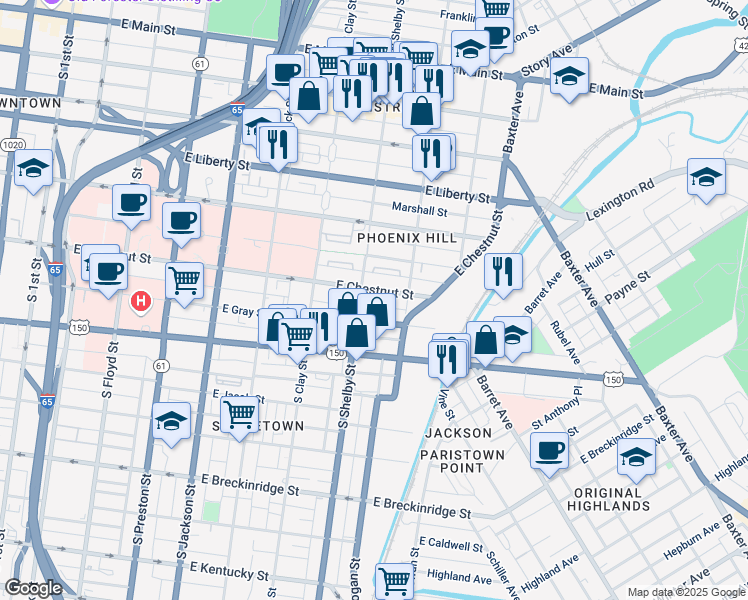 map of restaurants, bars, coffee shops, grocery stores, and more near 809 East Chestnut Street in Louisville