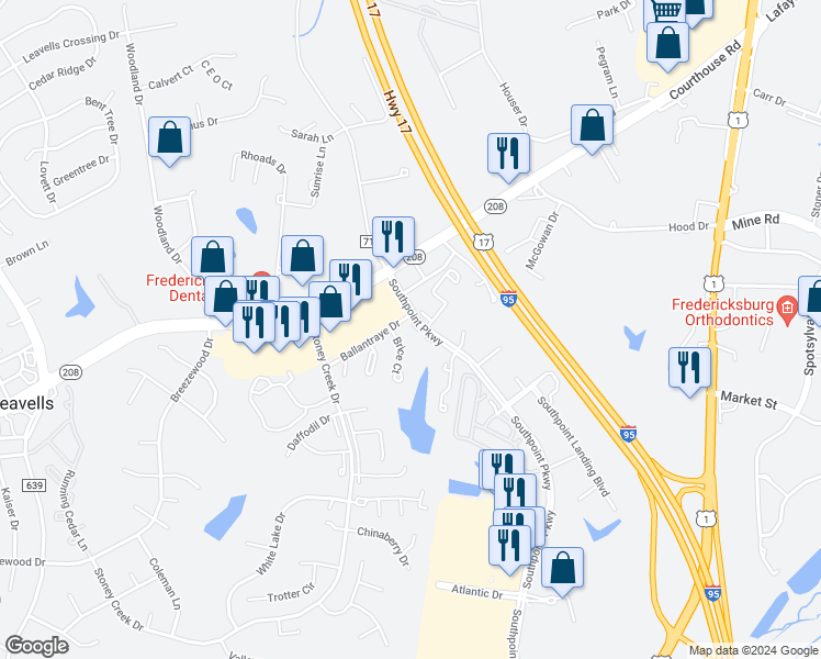 map of restaurants, bars, coffee shops, grocery stores, and more near 10736 Wakeman Drive in Fredericksburg