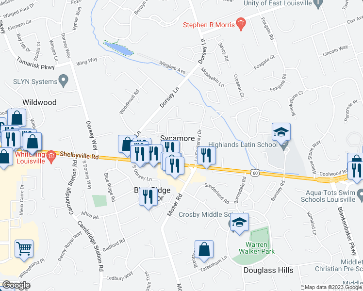 map of restaurants, bars, coffee shops, grocery stores, and more near 805 La Fontenay Court in Sycamore
