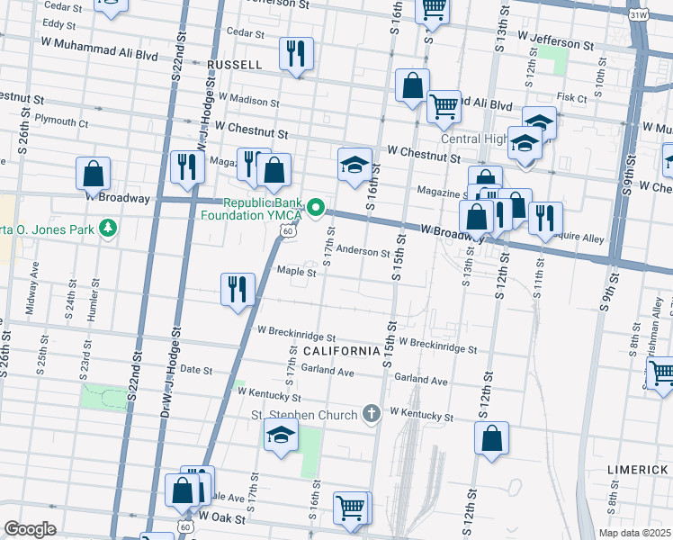 map of restaurants, bars, coffee shops, grocery stores, and more near 1617 Maple Street in Louisville