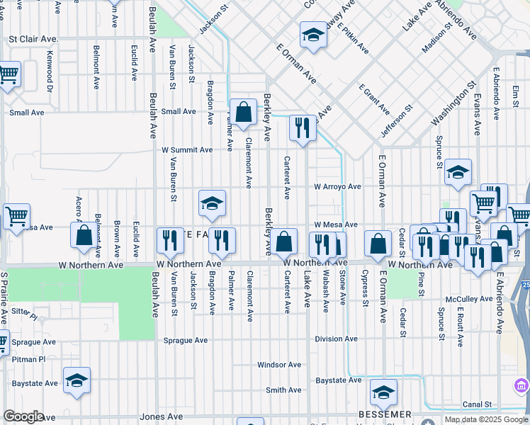 map of restaurants, bars, coffee shops, grocery stores, and more near 1137 Berkley Avenue in Pueblo
