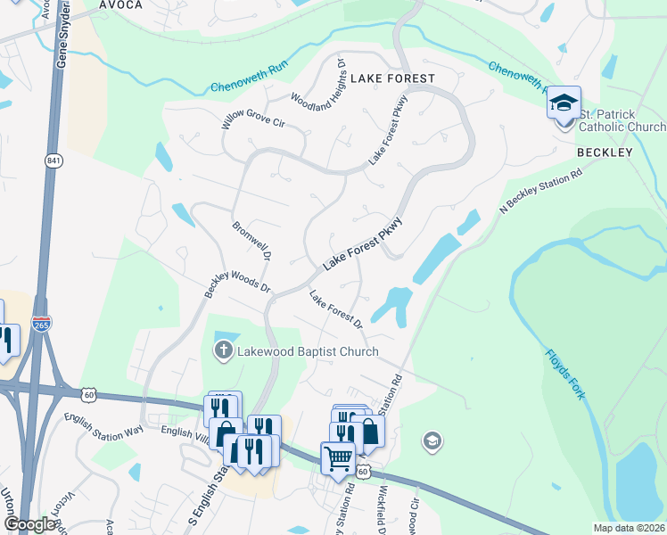 map of restaurants, bars, coffee shops, grocery stores, and more near 409 Lake Forest Parkway in Louisville