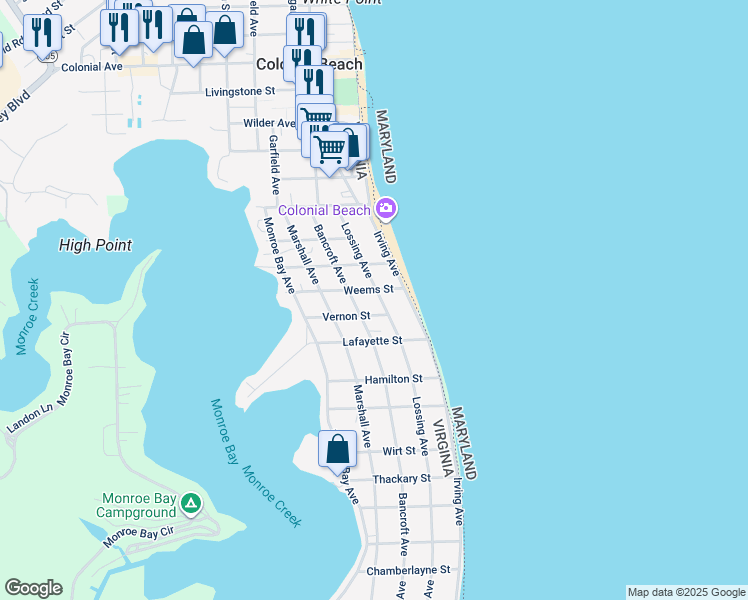 map of restaurants, bars, coffee shops, grocery stores, and more near 309 Lossing Avenue in Colonial Beach