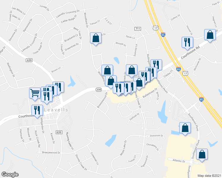map of restaurants, bars, coffee shops, grocery stores, and more near 10611 Courthouse Road in Fredericksburg