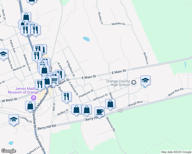 map of restaurants, bars, coffee shops, grocery stores, and more near 282 East Main Street in Orange