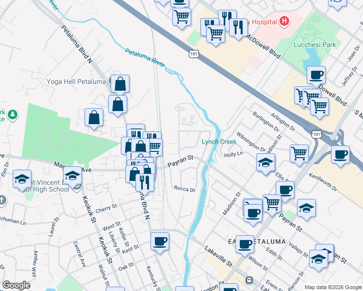 map of restaurants, bars, coffee shops, grocery stores, and more near 8 Bernice Court in Petaluma