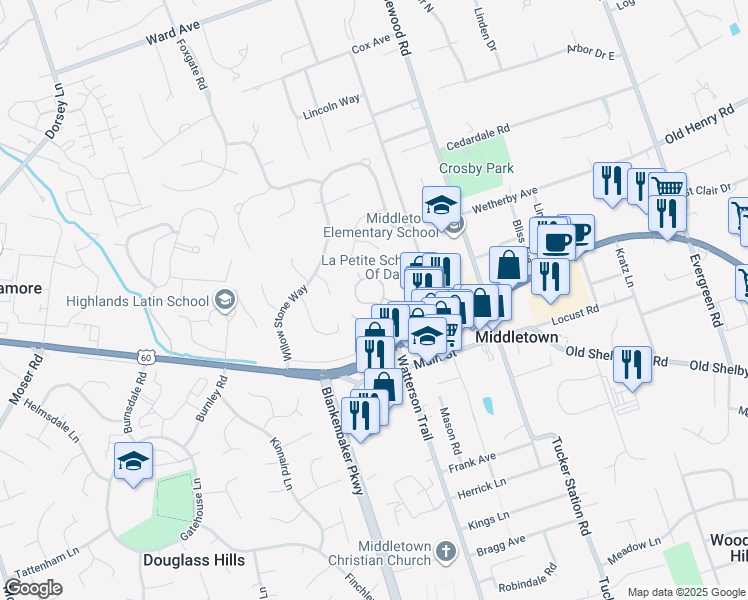map of restaurants, bars, coffee shops, grocery stores, and more near 324 Heritage Hill Trail in Louisville