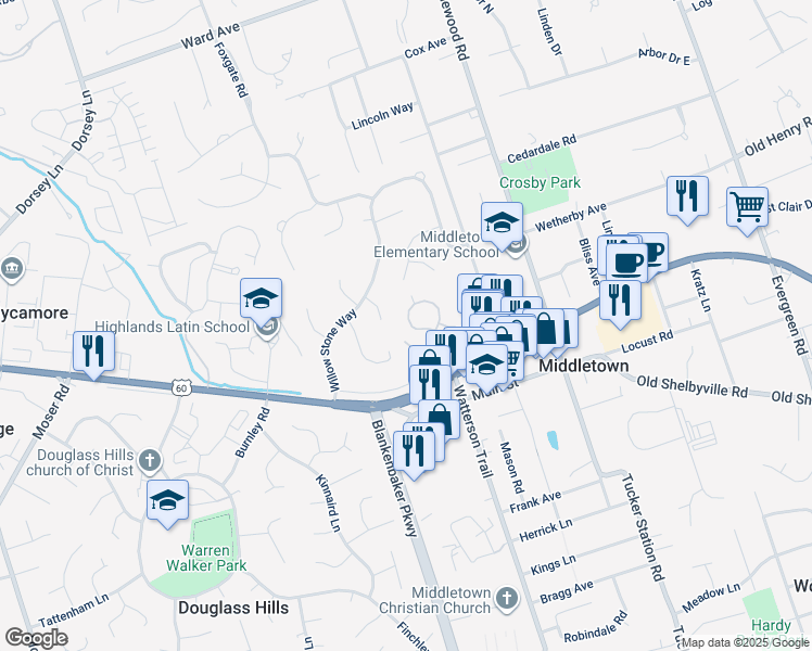 map of restaurants, bars, coffee shops, grocery stores, and more near 303 Stodghill Place in Louisville