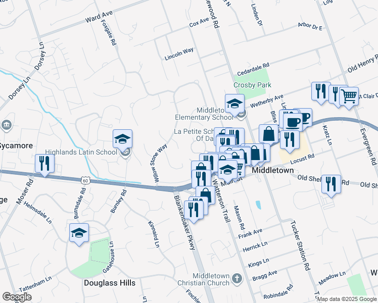 map of restaurants, bars, coffee shops, grocery stores, and more near 303 Stodghill Place in Louisville