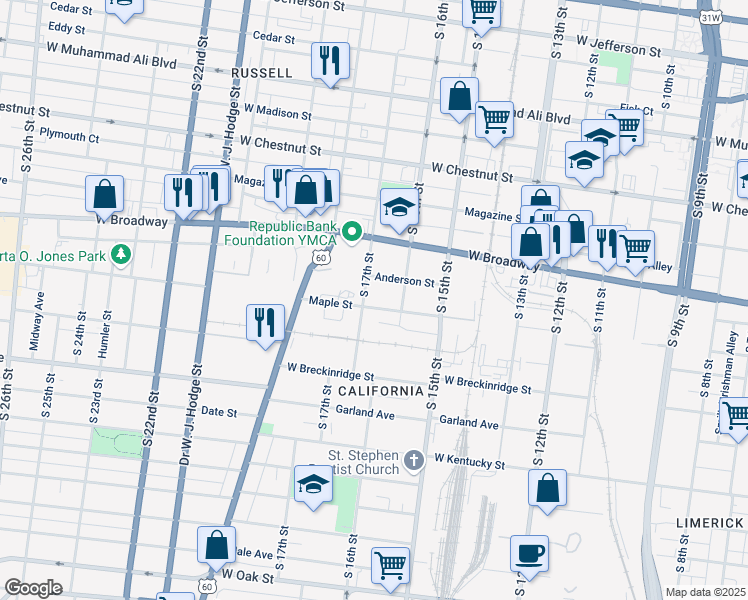 map of restaurants, bars, coffee shops, grocery stores, and more near 1617 Maple Street in Louisville