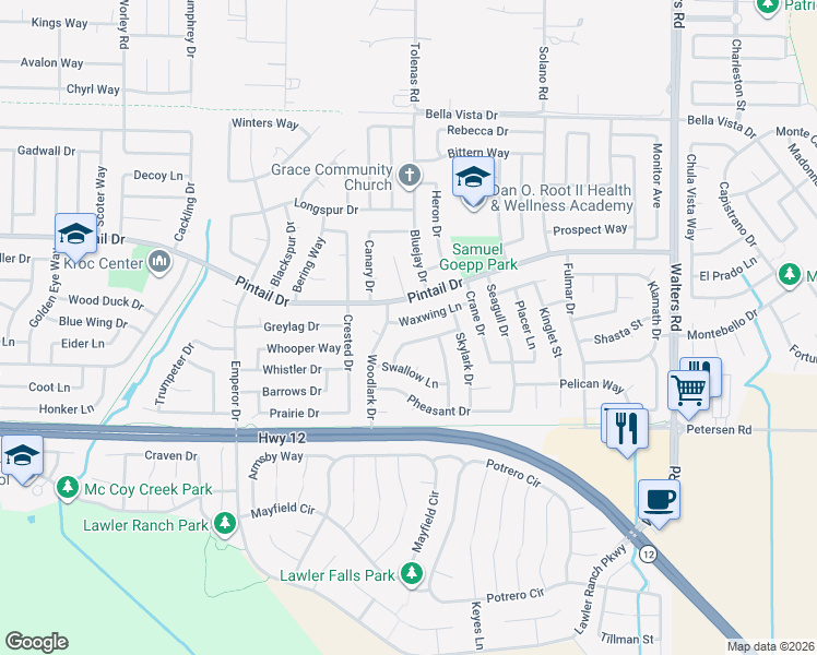 map of restaurants, bars, coffee shops, grocery stores, and more near 1109 Waxwing Lane in Suisun City