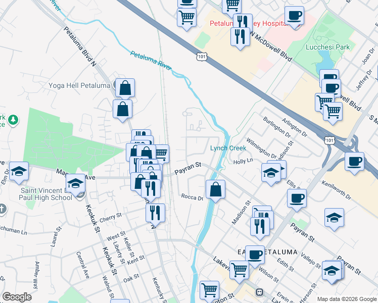 map of restaurants, bars, coffee shops, grocery stores, and more near 8 Bernice Court in Petaluma
