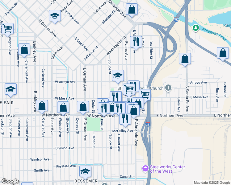 map of restaurants, bars, coffee shops, grocery stores, and more near 1125 East Routt Avenue in Pueblo