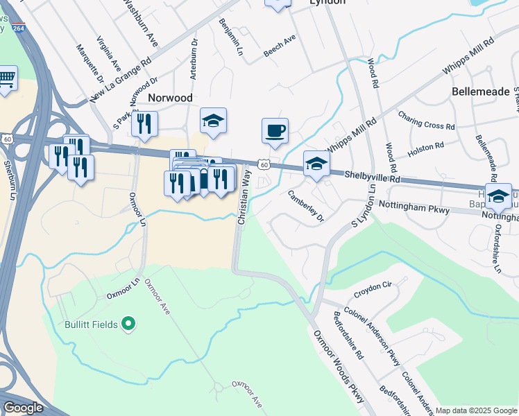 map of restaurants, bars, coffee shops, grocery stores, and more near 128 Christian Court in Louisville