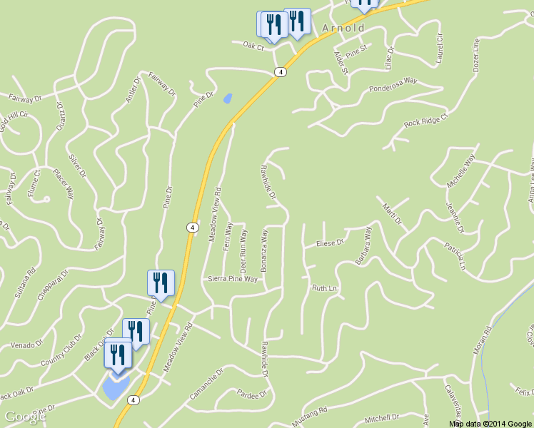 map of restaurants, bars, coffee shops, grocery stores, and more near 1587 Brandy Flat Court in Arnold