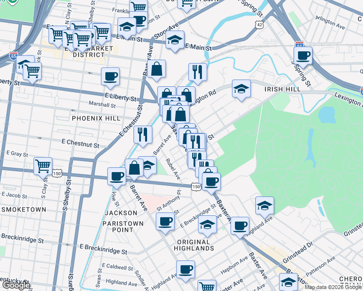 map of restaurants, bars, coffee shops, grocery stores, and more near 511 Baxter Avenue in Louisville