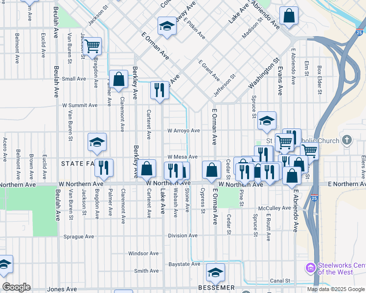 map of restaurants, bars, coffee shops, grocery stores, and more near 1106 Agate Place in Pueblo