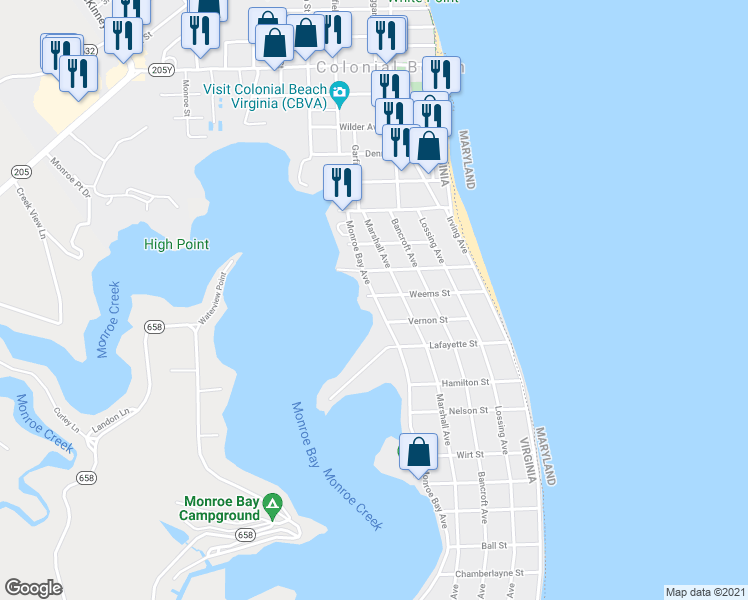 map of restaurants, bars, coffee shops, grocery stores, and more near 399 Monroe Bay Avenue in Colonial Beach