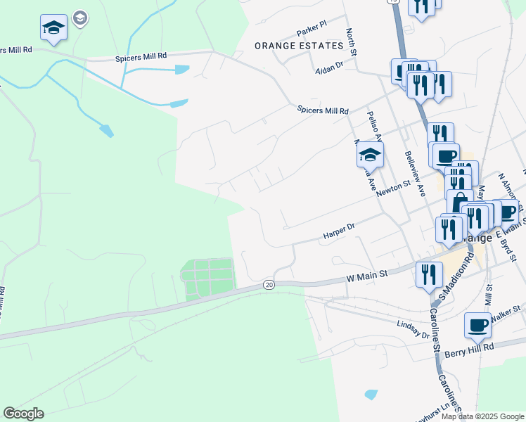 map of restaurants, bars, coffee shops, grocery stores, and more near 375 Harper Drive in Orange