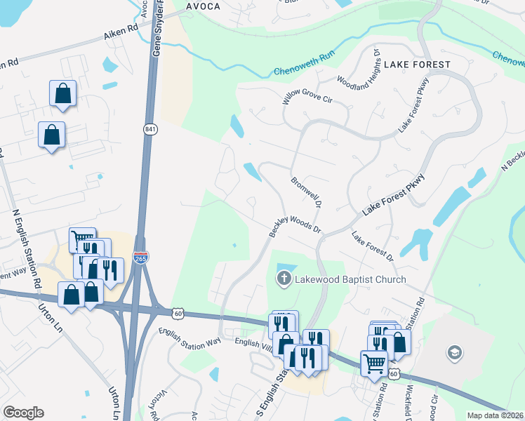 map of restaurants, bars, coffee shops, grocery stores, and more near 406 Timberlake Trail in Louisville