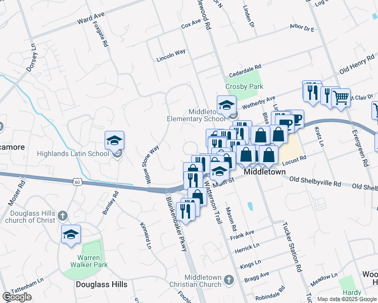 map of restaurants, bars, coffee shops, grocery stores, and more near 324 Heritage Hill Trail in Louisville