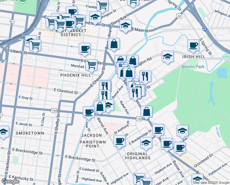 map of restaurants, bars, coffee shops, grocery stores, and more near 519 Barret Avenue in Louisville