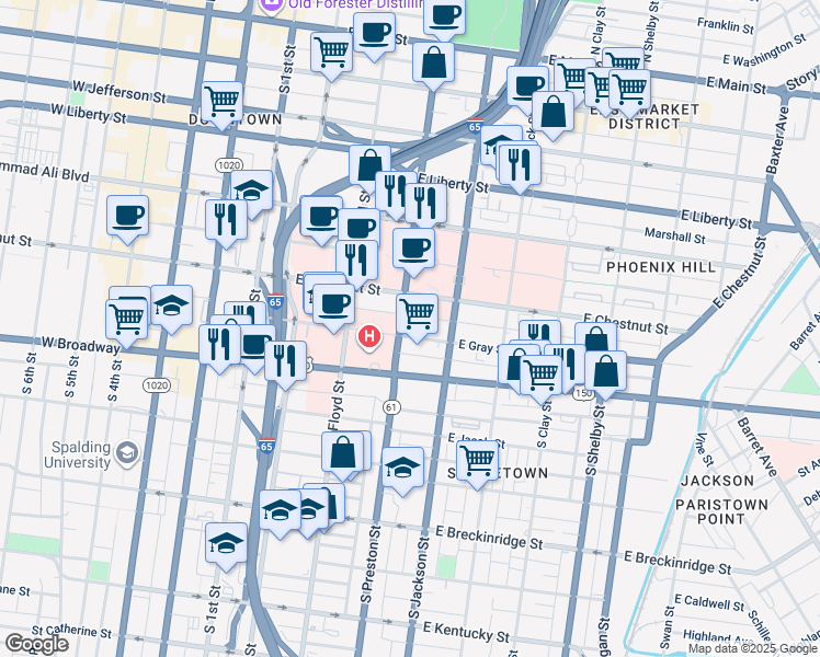 map of restaurants, bars, coffee shops, grocery stores, and more near 634 South Preston Street in Louisville