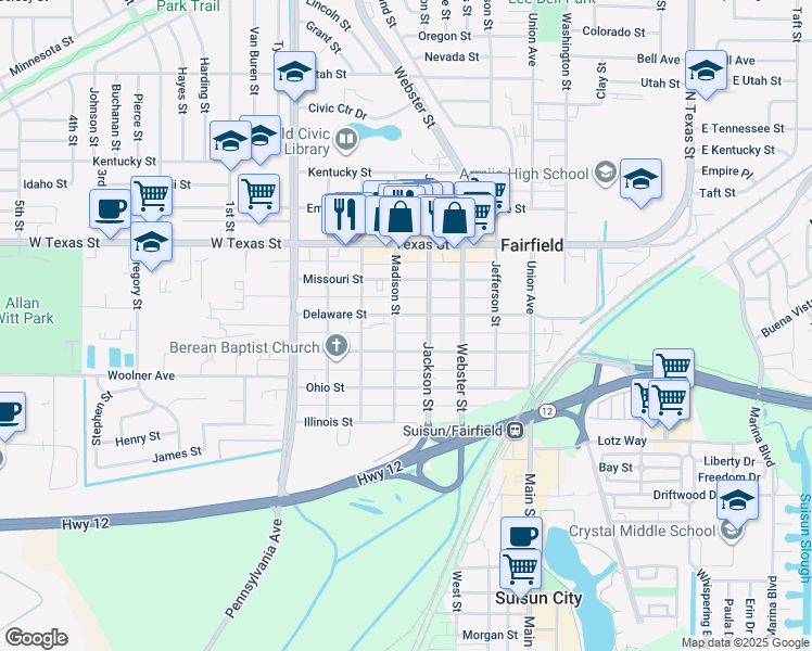 map of restaurants, bars, coffee shops, grocery stores, and more near 935 Delaware Street in Fairfield
