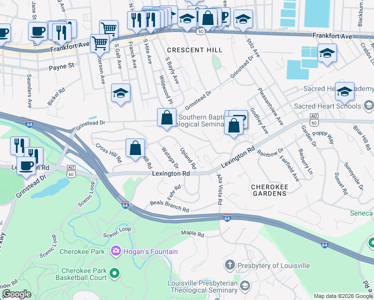 map of restaurants, bars, coffee shops, grocery stores, and more near 637 Upland Road in Louisville