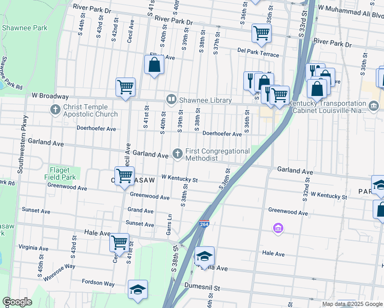 map of restaurants, bars, coffee shops, grocery stores, and more near 832 South 38th Street in Louisville