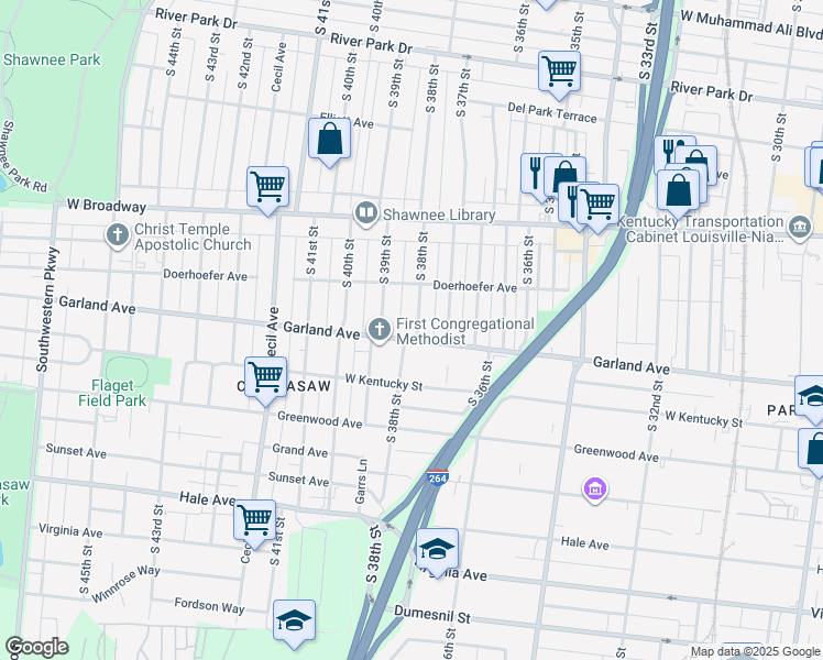 map of restaurants, bars, coffee shops, grocery stores, and more near 825 South 38th Street in Louisville