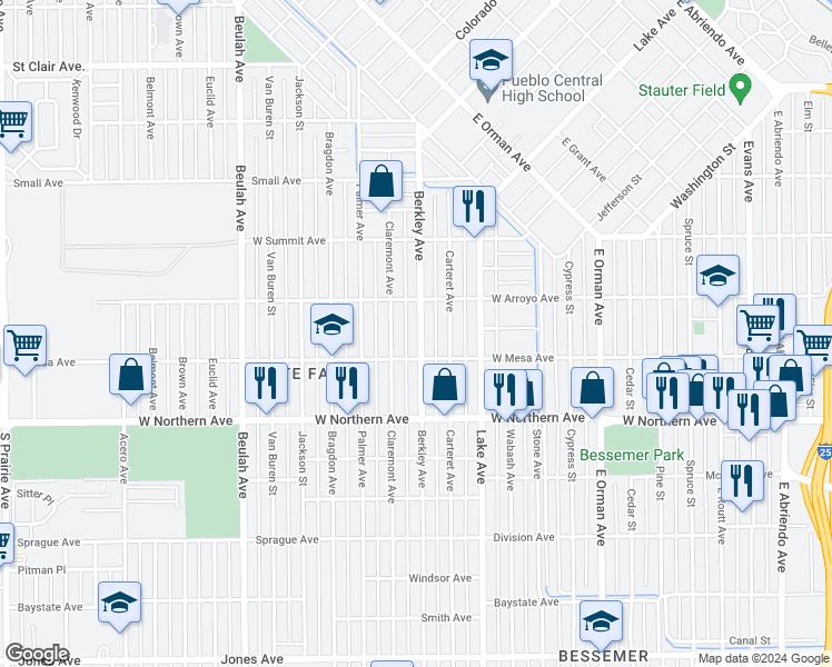 map of restaurants, bars, coffee shops, grocery stores, and more near 1133 Berkley Avenue in Pueblo