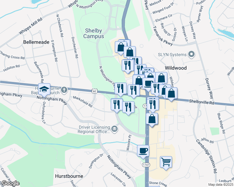 map of restaurants, bars, coffee shops, grocery stores, and more near Shelbyville Road & North Whittington Parkway in Louisville