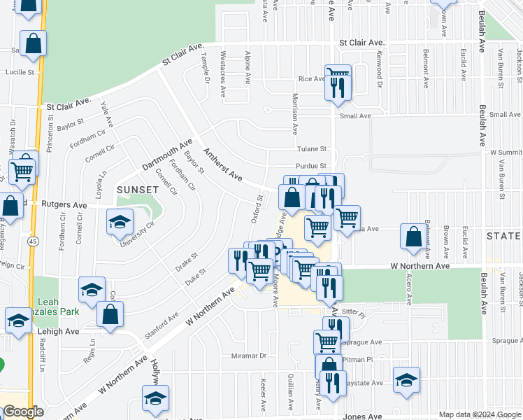 map of restaurants, bars, coffee shops, grocery stores, and more near 2 Oxford Street in Pueblo