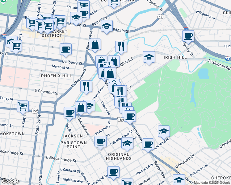 map of restaurants, bars, coffee shops, grocery stores, and more near 523 Baxter Avenue in Louisville
