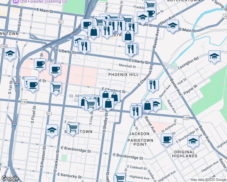 map of restaurants, bars, coffee shops, grocery stores, and more near 809 East Chestnut Street in Louisville
