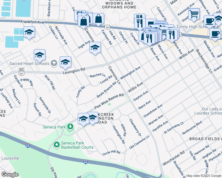 map of restaurants, bars, coffee shops, grocery stores, and more near 3248 Beals Branch Drive in Louisville