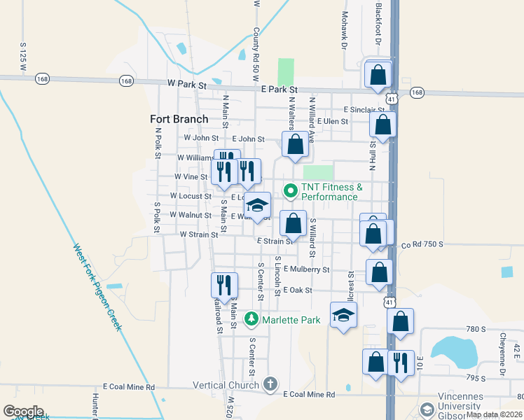 map of restaurants, bars, coffee shops, grocery stores, and more near 305 East Locust Street in Fort Branch