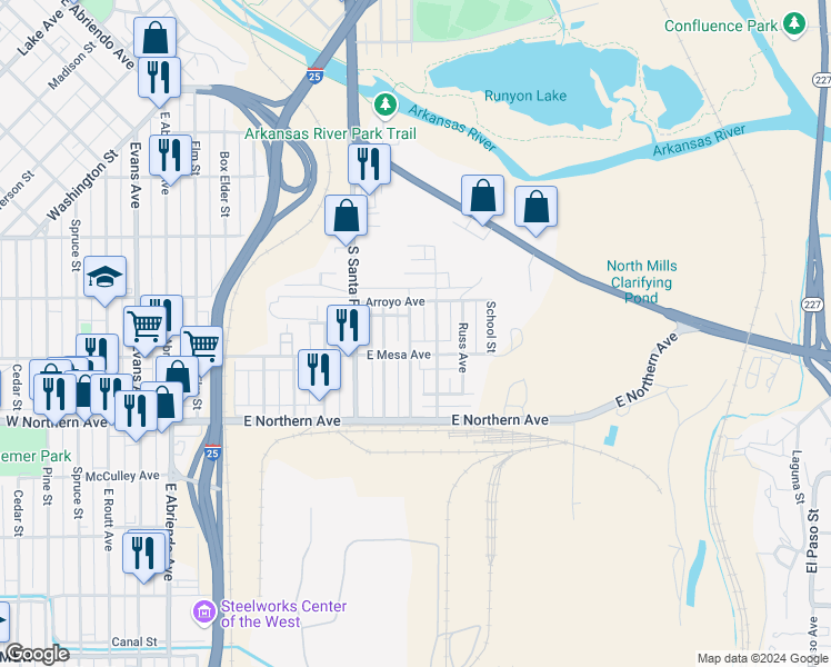 map of restaurants, bars, coffee shops, grocery stores, and more near 1124 Mahren Avenue in Pueblo