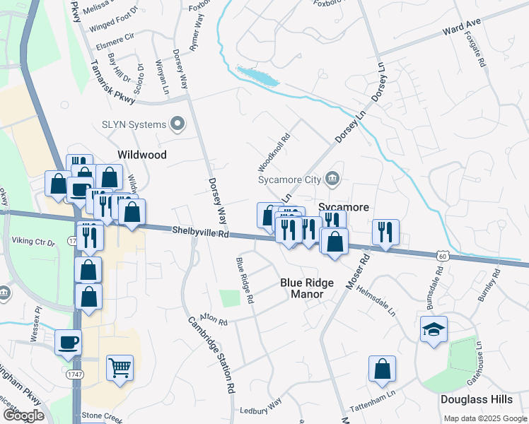 map of restaurants, bars, coffee shops, grocery stores, and more near 10112 Canter Ridge in Louisville