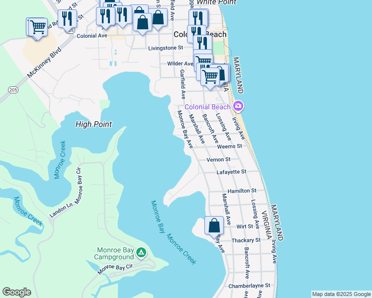 map of restaurants, bars, coffee shops, grocery stores, and more near 410 Weems Street in Colonial Beach