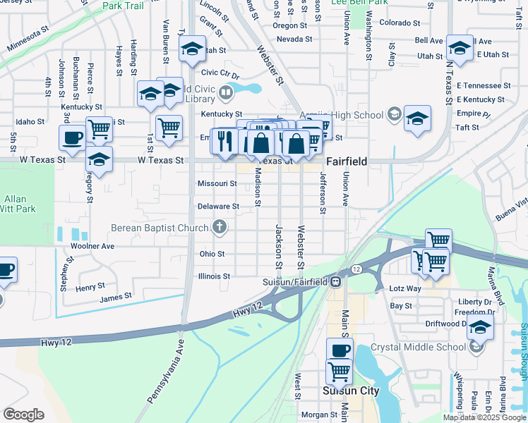map of restaurants, bars, coffee shops, grocery stores, and more near 935 Delaware Street in Fairfield