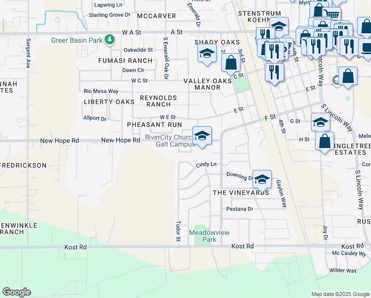 map of restaurants, bars, coffee shops, grocery stores, and more near 236 New Hope Road in Galt