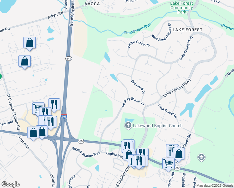 map of restaurants, bars, coffee shops, grocery stores, and more near 406 Timberlake Trail in Louisville
